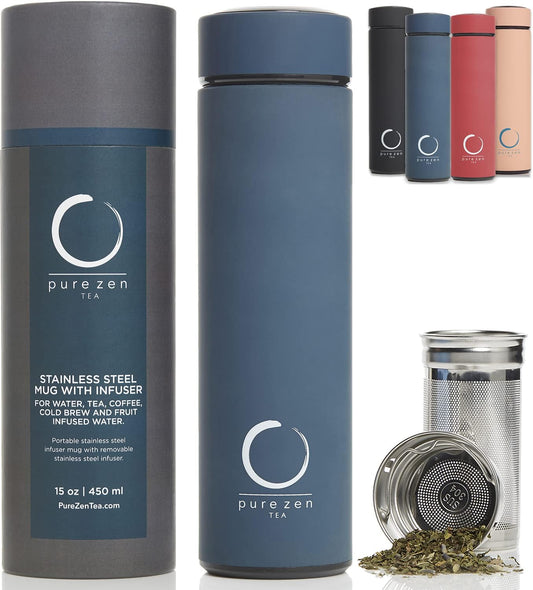 Pure Zen Tea Thermos with Infuser - Stainless Steel Insulated Tumbler for Loose Leaf Tea, Iced Coffee and Fruit-Infused Water - Leakproof - 15oz